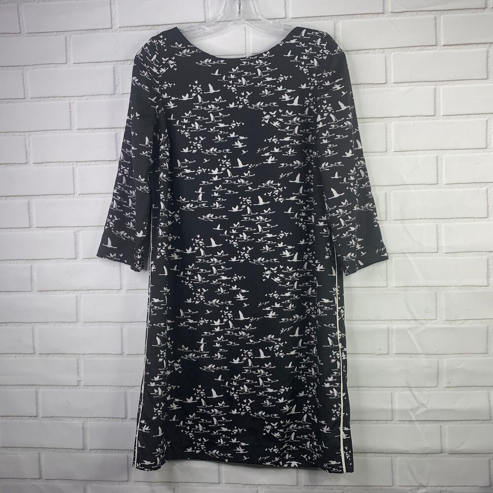The Limited Black Bird Print Shift Dress 3/4 long sleeves piping size small